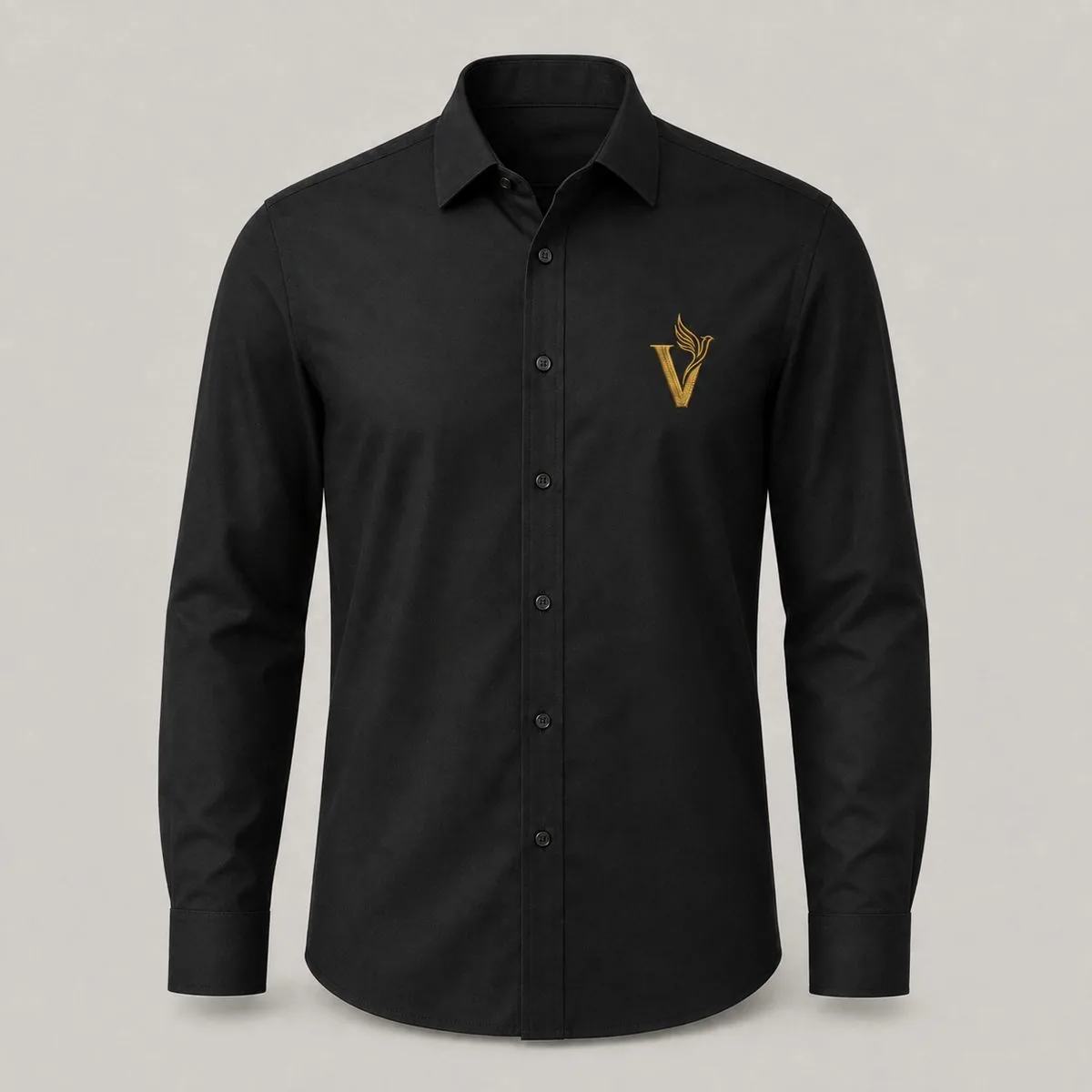 Black corporate long-sleeve button-up shirt with embroidered gold V Imprint Designs logo
