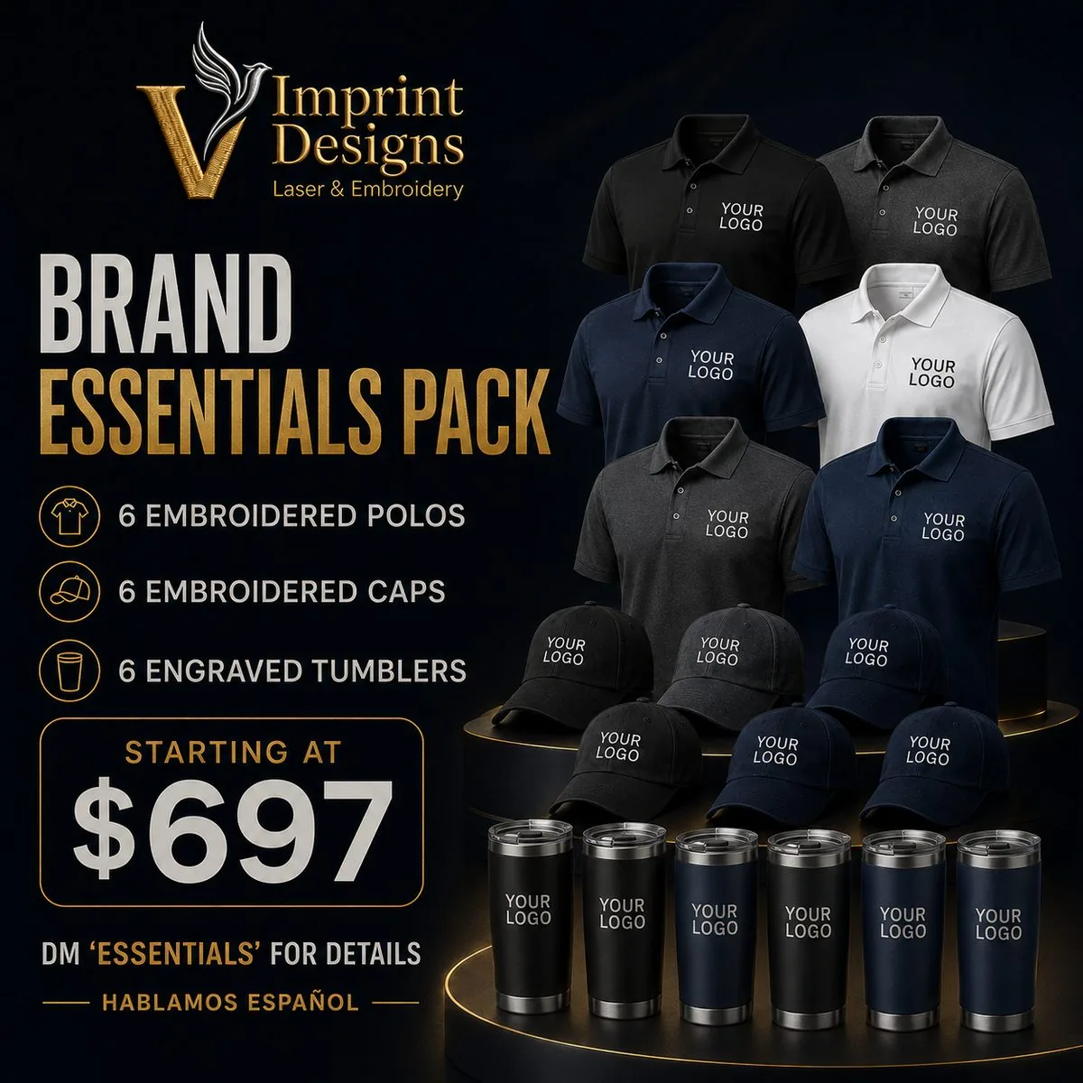 Brand Essentials Pack — embroidered polos, caps and engraved tumblers