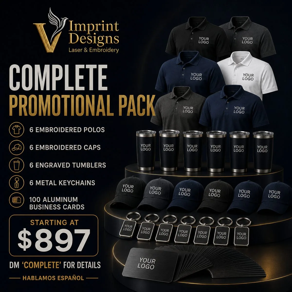 Complete Promotional Pack — embroidered apparel, tumblers, keychains and aluminum business cards