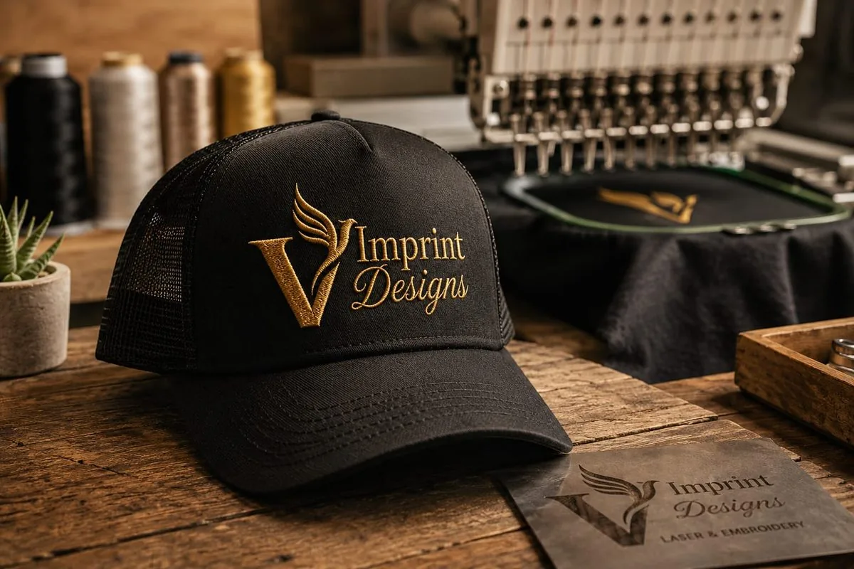 Embroidery machine stitching gold V Imprint Designs logo on black cap
