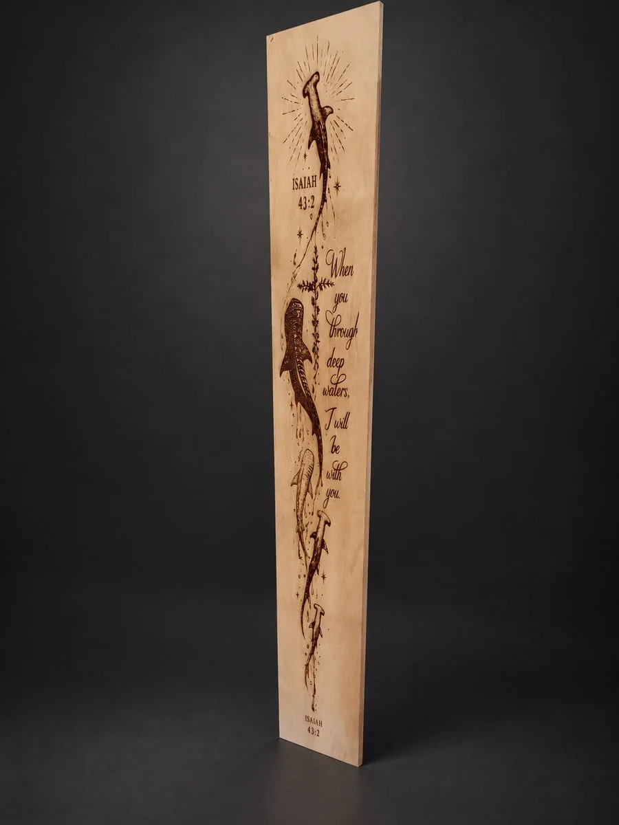 Laser engraved wood wall art with hammerhead sharks and Isaiah 43:2 scripture
