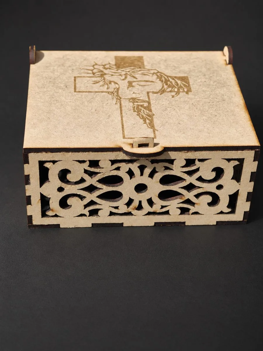 Laser engraved wooden keepsake box with crown of thorns cross design