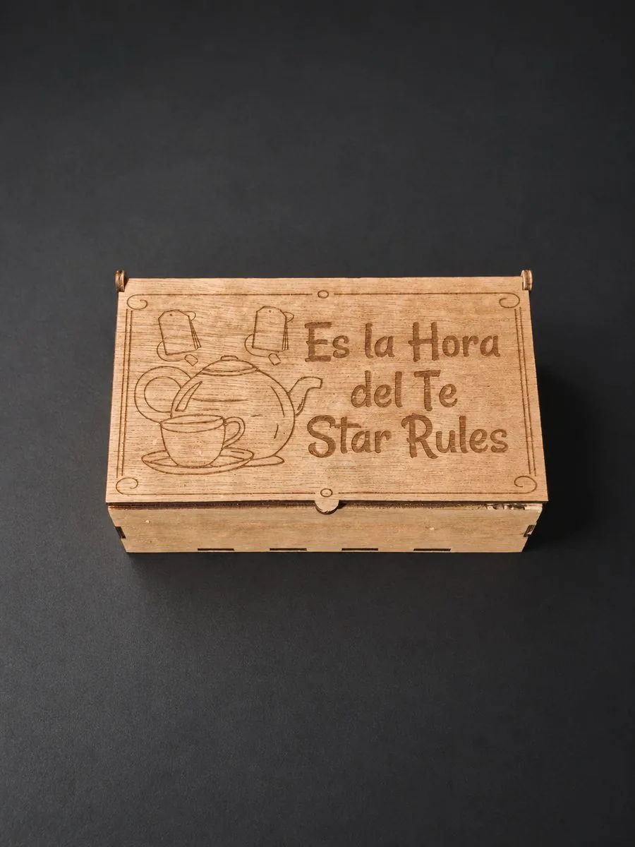 Laser engraved wooden tea box organizer