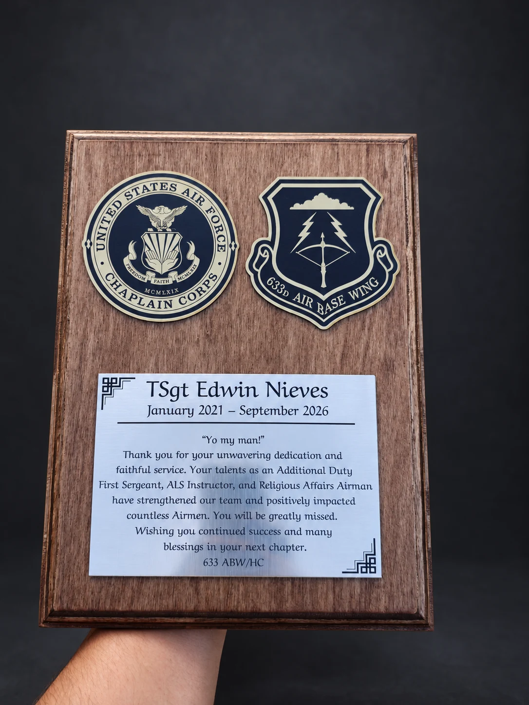 Air Force Chaplain Corps retirement plaque for TSgt Edwin Nieves