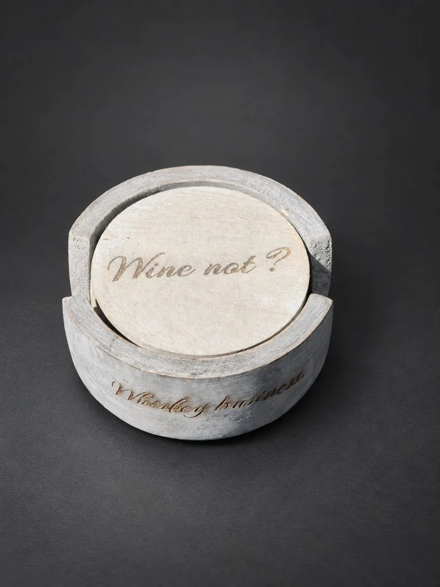 Personalized wood coaster set with custom engraved designs