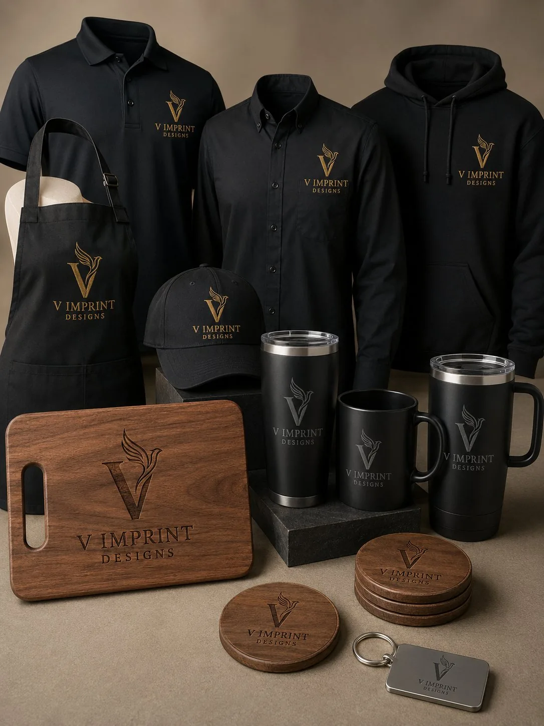 Embroidered polos, caps and engraved tumblers branded by V Imprint Designs
